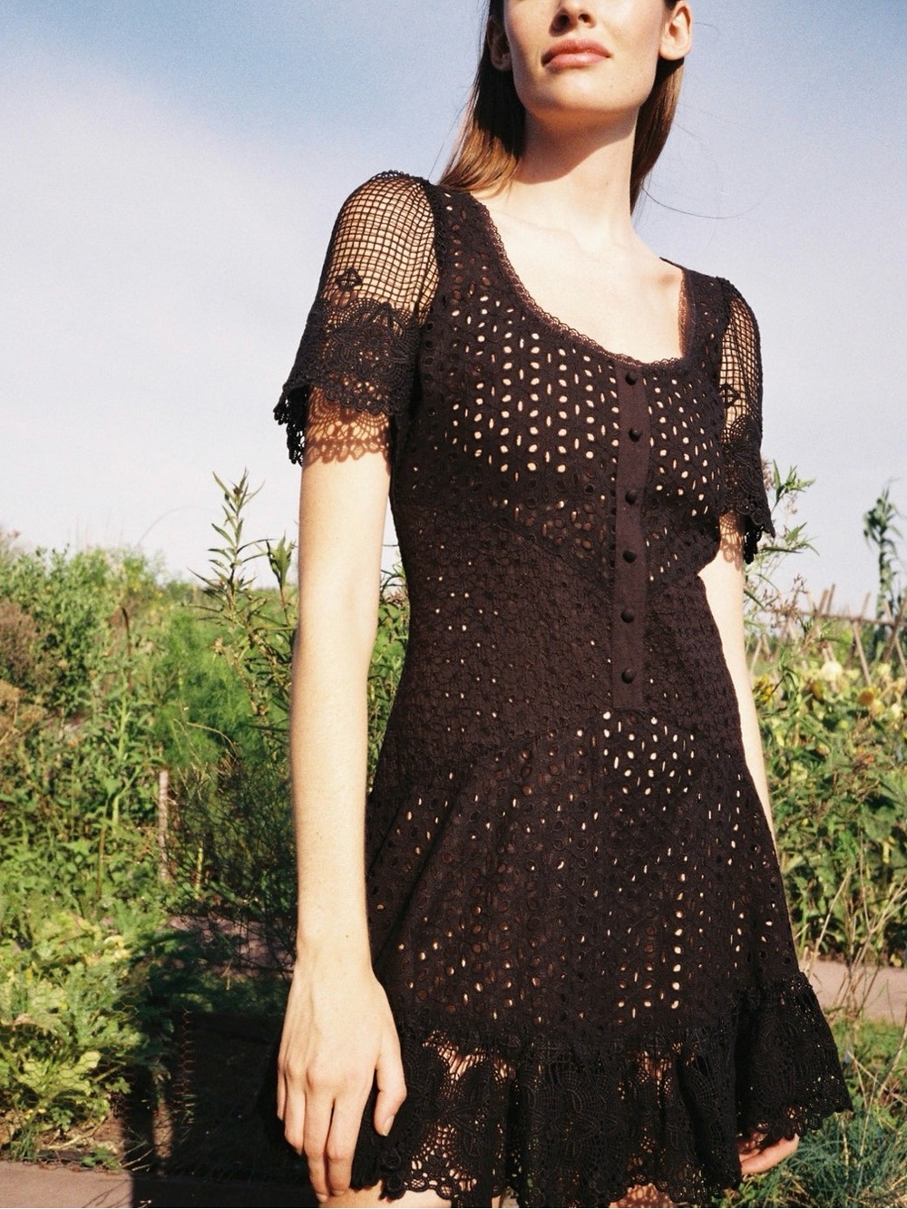 Maia Bergman Ori Eyelet Crochet Mini Lace Boho Black Dress Cotton Size M